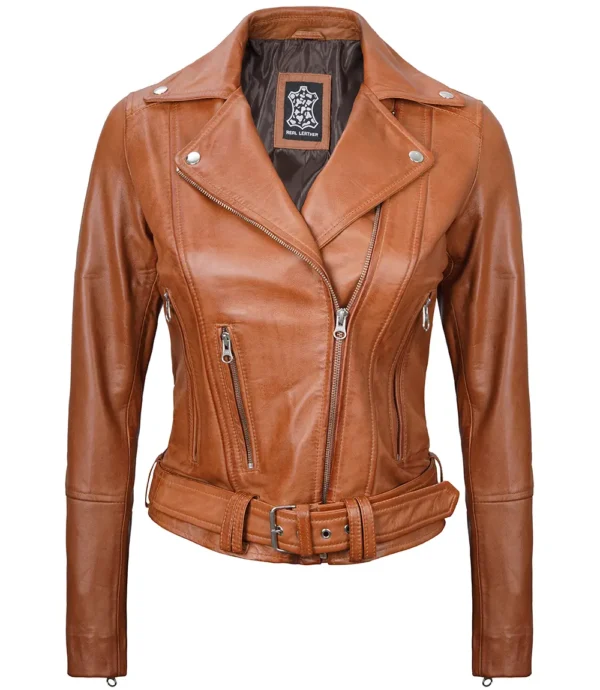 Light Brown Biker Leather Jacket for Women - Image 2