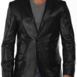Mens Notch Lapel 2 Buttons Black Lambskin Leather Blazer