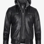 Black Leather Bomber Jacket for Men – Detachable Hood