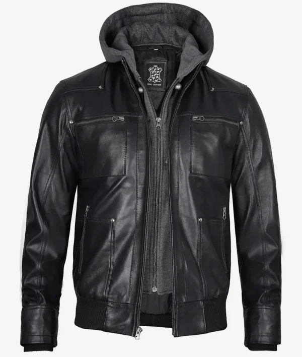 Black Leather Bomber Jacket for Men