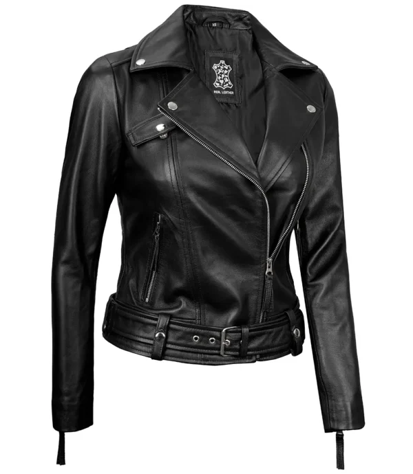 Womens Asymmetrical Real Black Leather Biker Jacket - Edgy Moto Style - Image 3