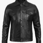 Mens Classic Black Trucker Jacket – Four-Pocket Leather Design