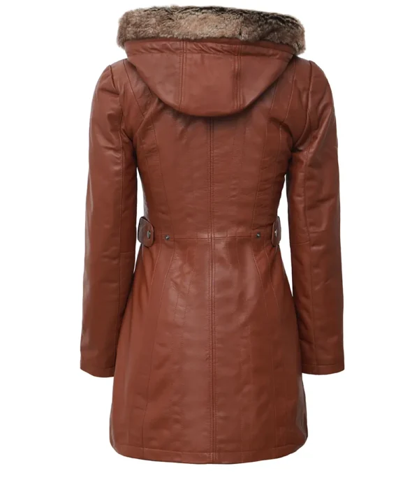 brown leather coat with removable fur hood for women