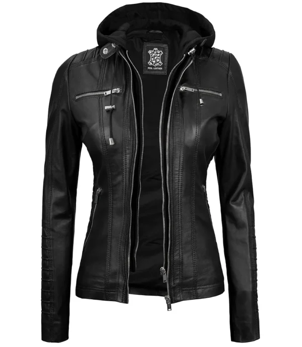 Black Leather Jacket for Women – Detachable Hood - Image 5