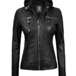 Black Leather Jacket for Women – Detachable Hood