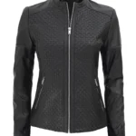 Womens Black Textured Leather Cafe Racer Jacket