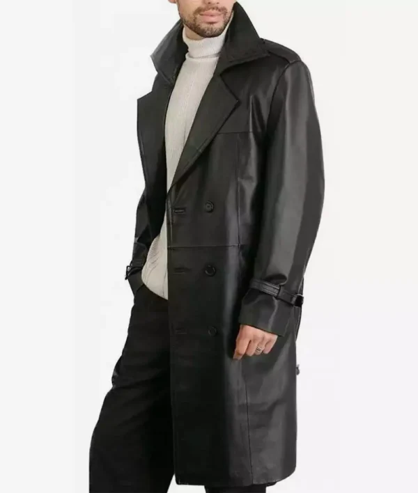 Men's black knee-length lambskin leather coat
