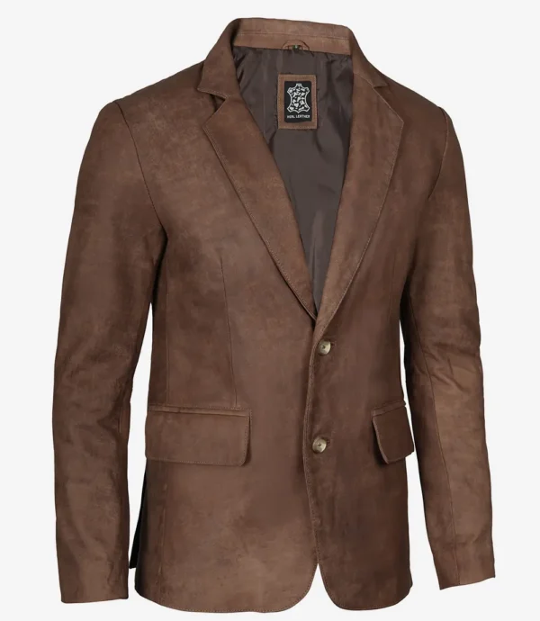 Men's exclusive two button real leather brown blazer
