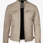 Mens Stylish Beige Café Racer Leather Jacket – Quilted Design