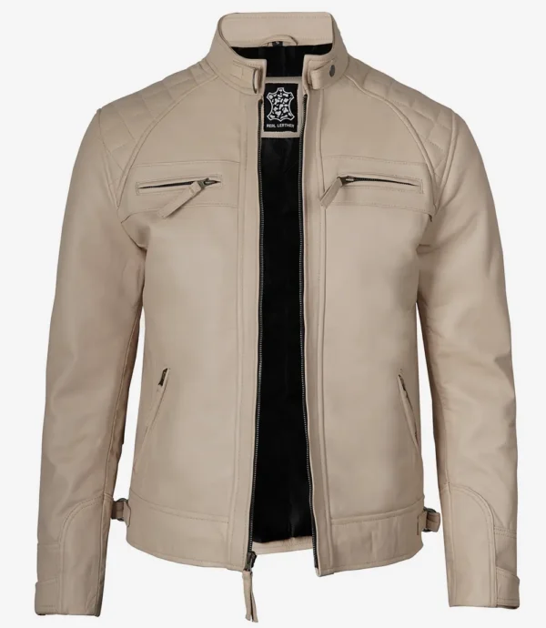Mens Stylish Beige Café Racer Leather Jacket