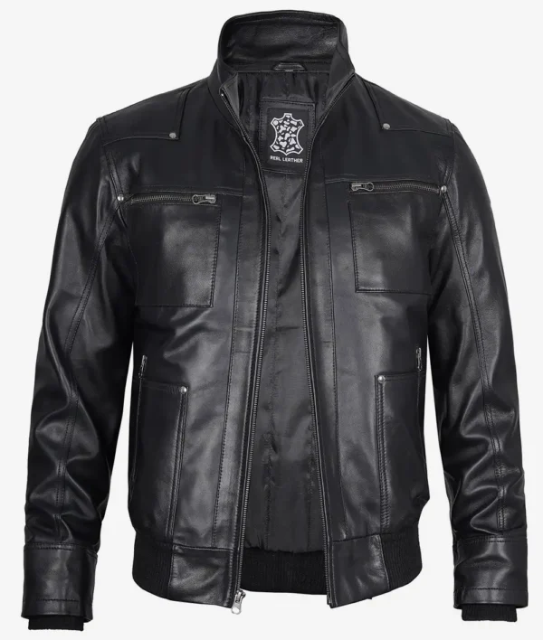 Men's black leather bomber jacket