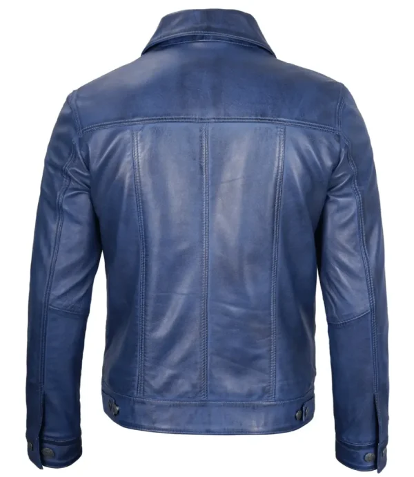 Men's classic blue leather trucker jacket