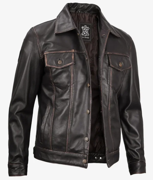 Men's vintage brown leather trucker jacket