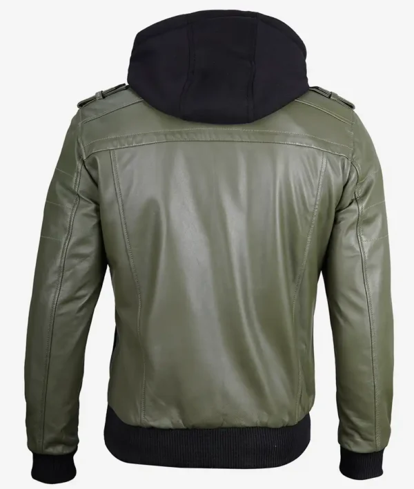 green hooded leather bomber jacket