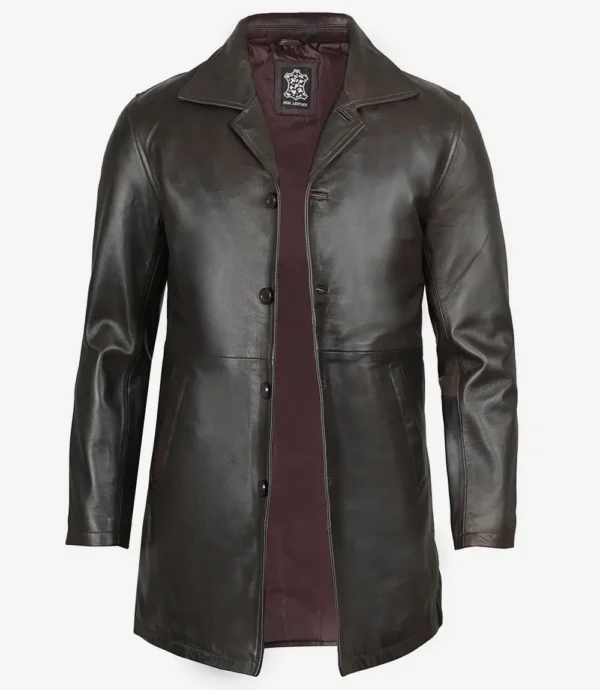 Mens Dark Brown Leather Car Coat