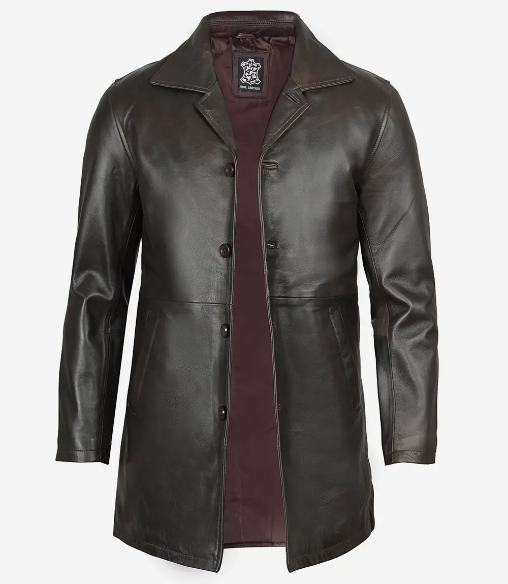 Mens Dark Brown Leather Car Coat