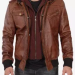 Men’s Hooded Brown Leather Bomber Jacket – Tall Fit Edition