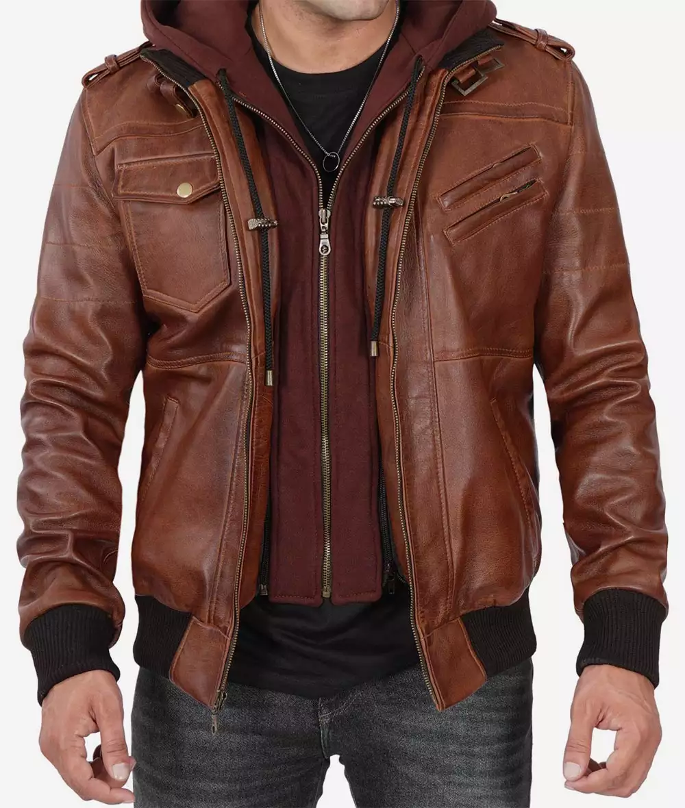 Hooded Brown Leather Bomber Jacket