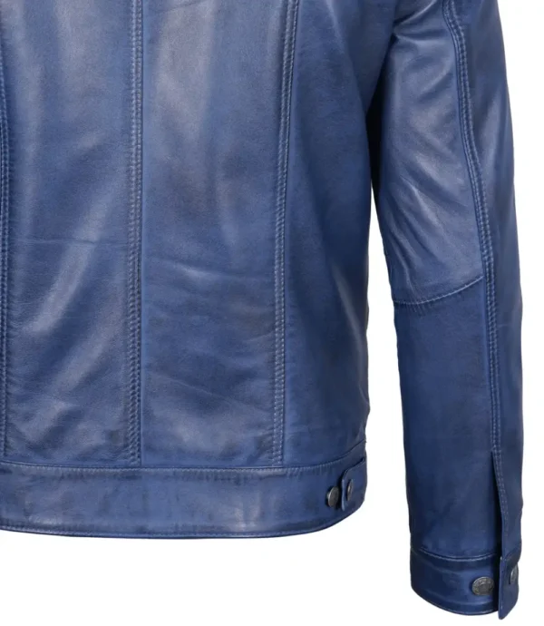 Blue leather trucker jacket for men