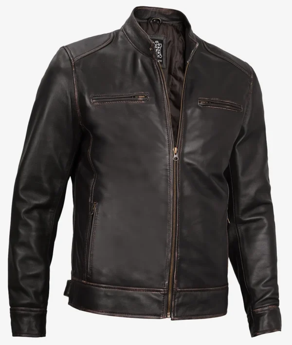 Distressed brown leather café racer jacket