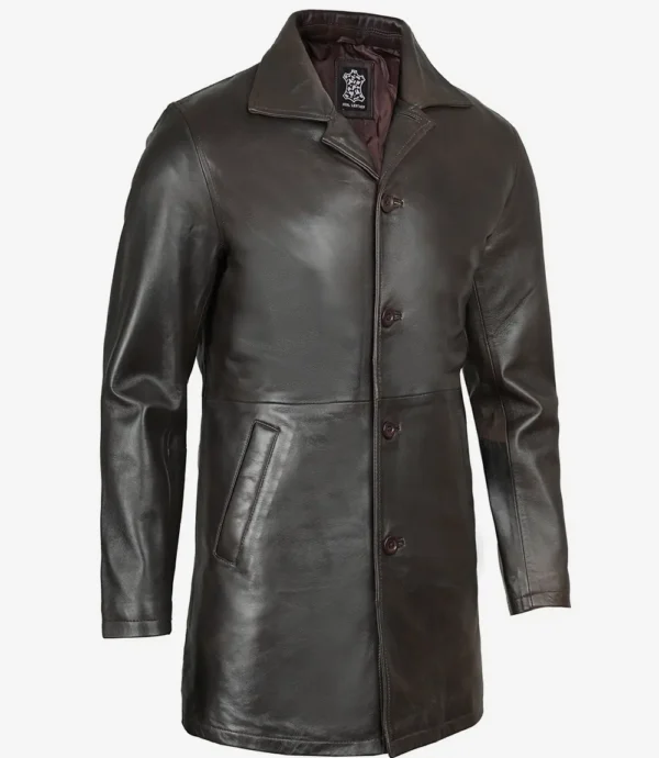 Men’s vintage dark brown leather car coat