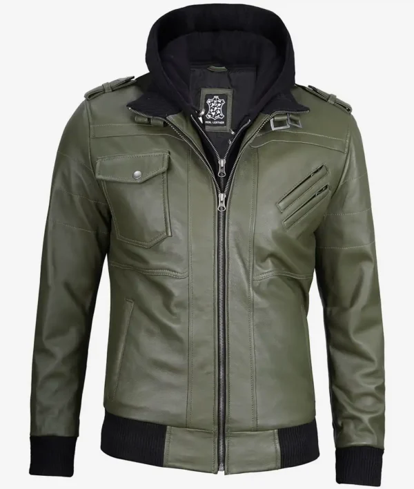 Green leather bomber jacket with hood