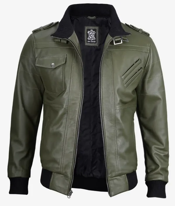 Men's green hooded leather bomber jacket