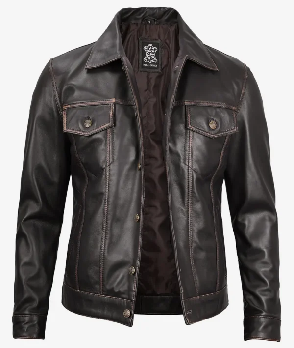 Vintage Brown Leather Trucker Jacket for Men