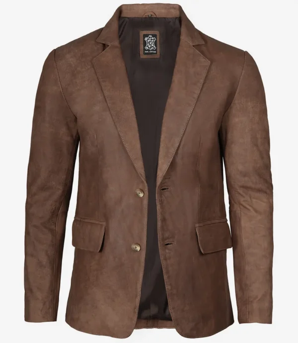 Real leather brown blazer with two buttons for men