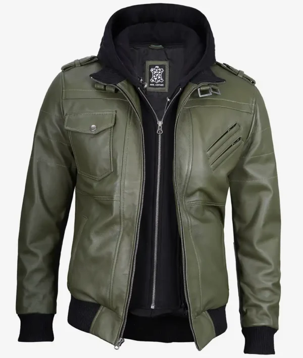 Green Hooded Leather Bomber Jacket