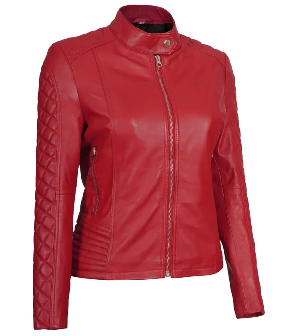 Premium Womens Red Cafe Racer Jacket – Quilted Leather Sleeves - Image 3