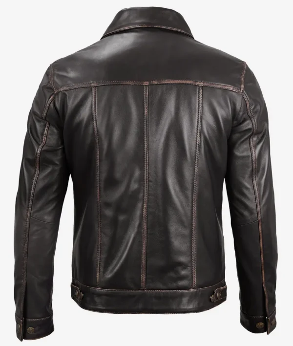 Brown leather trucker jacket for men