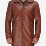 Men’s Real Leather Cognac Car Coat Button Down Style