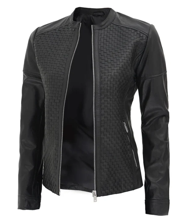 Womens Black Textured Leather Cafe Racer Jacket - Image 4