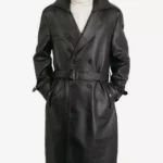 Black Lambskin Leather Knee Length Coat for Men Breasted