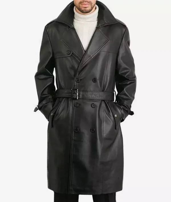 Black Lambskin Leather Knee-Length Coat