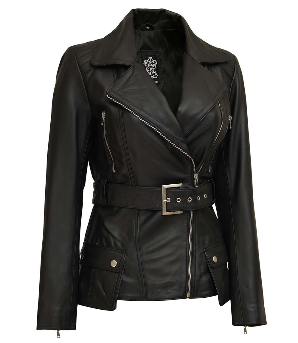 Womens Victoria Black Leather Jacket Asymmetrical Design - Image 3