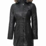 Womens Black Leather Coat - Removable Fur Hood