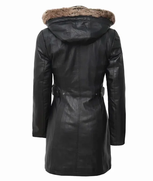 Black fur-trimmed leather coat for women
