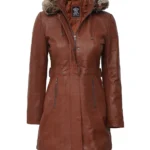 Women Brown Leather Fur Coat - Removable Hood
