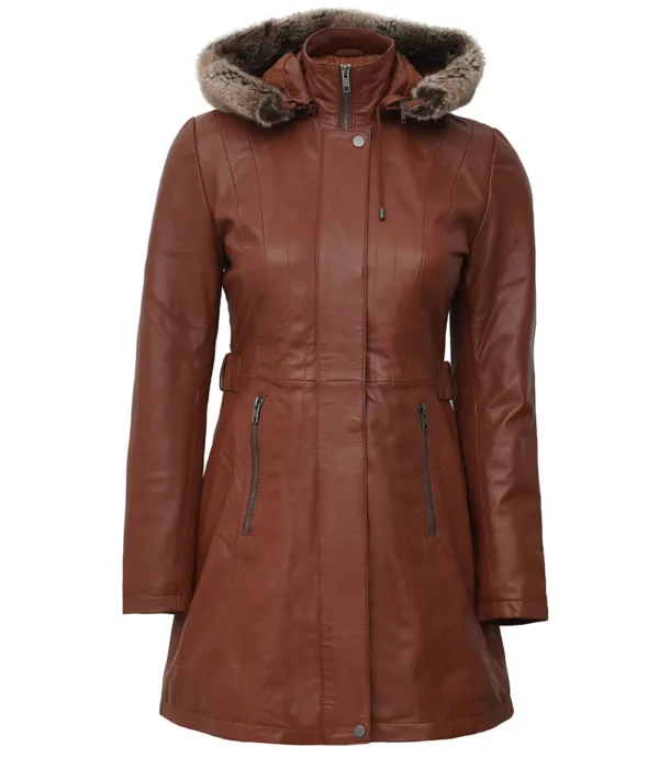 Brown leather winter coat with detachable fur hood