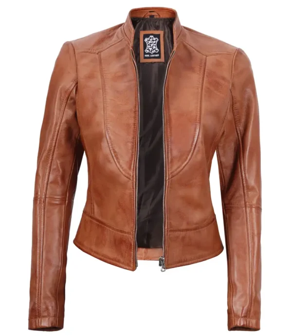 Tan Brown Leather Cafe Racer Jacket for Women - Image 3