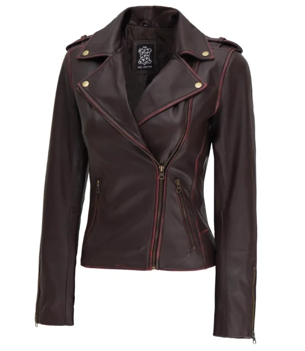 Womens Asymmetrical Moto Jacket – Brown Leather Edition - Image 2