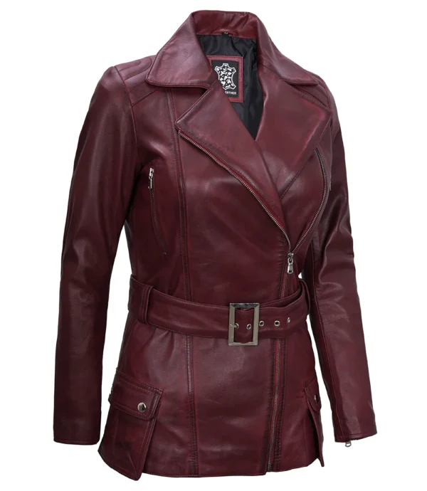 Womens Asymmetrical Biker Jacket – Real Leather in Maroon - Image 2