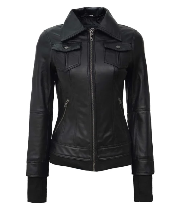 Tralee Black Leather Bomber Jacket with Hood – Womens Limited Edition - Image 2