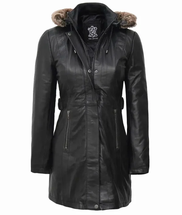 Women's luxury black leather coat with fur hood