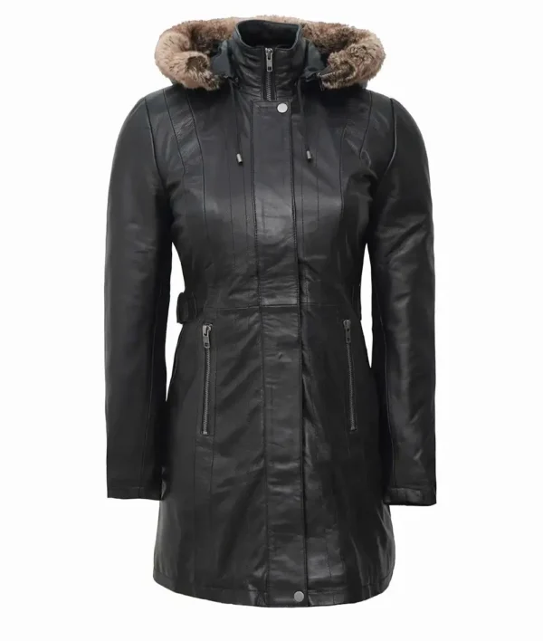 Black leather coat for women with detachable fur hood