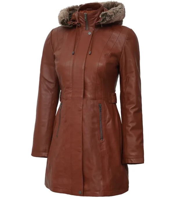 brown leather coat with detachable fur hood