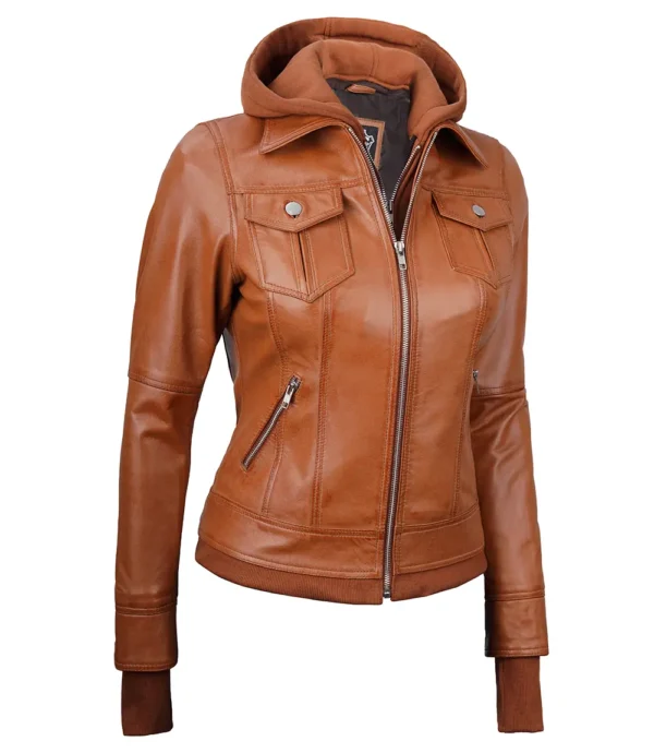 Womens Tan Waxed Bomber Leather Jacket with Detachable Hood - Image 3