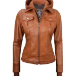 Womens Tan Waxed Bomber Leather Jacket with Detachable Hood
